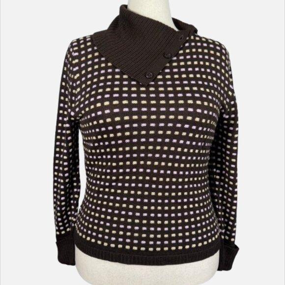 VTG San Remo Dark Brown Heritage Checkered Sweater Shawl Button Collar L - Picture 1 of 15